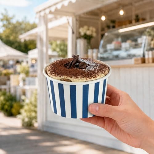 Image of Coppetta 5 Ounce Dessert Cups, 50 Disposable Ice Cream Cups - Lids Sold Separately, Sturdy, Blue And White Paper FroYo Bowls, Striped, For Hot And Cold Foods, Perfect For Gelato - Restaurantware