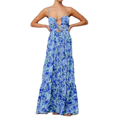 Image of Womens Vintage Floral Long Dress Y2k Spaghetti Strap Tie Back Hollow Out Maxi Dress Summer Beach Party Sundress