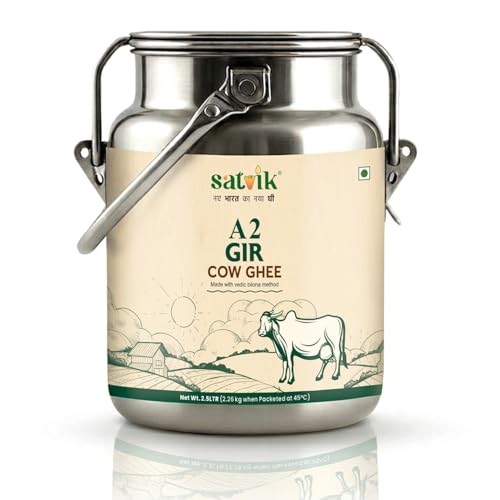 Image of Satvik A2 Gir Cow Ghee 2.5 Litre with (Stainless Steel Dolchi) | Churned from Vedic Bilona Method Pure A2 Cow Desi Ghee | Rich in A2 Beta Casein Protein & Vitamin A, D, E, K | Helps Improve Digestion
