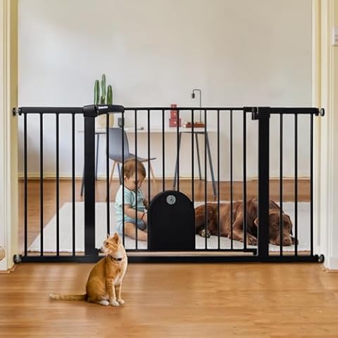Babelio 36-57" Extra Wide Auto Close Baby Gate with Cat Door, Pet Gate Indoor with Extra Wide Walk Thru Door, Metal Dog Gate for Doorway, Stairs, Includes 4 Wall Cups and 3 Extension Pieces, Black Cover