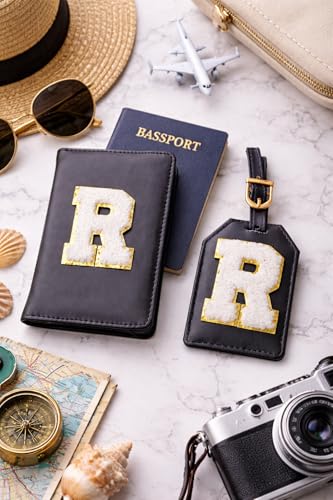 Image of Passport Cover & Bag Tag Combo | Personalized Initial Alphabet Custom A-Z Name Initial | Fits Standard Passports | Travel GiftIdeal Travel Gift for Women, Girls & Couples (Black)