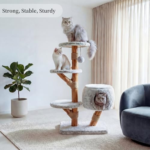 Torre moderna para gatos con rascador y cama de madera miniatura 2