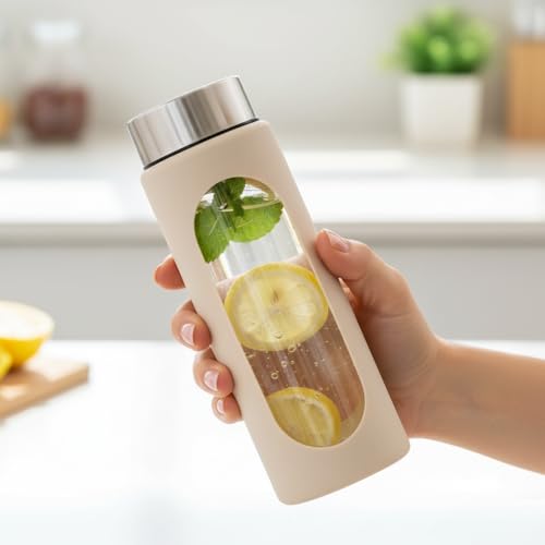 Image of Glassbunny 500ml Glass Water Bottle with Silicone Sleeve, BPA Free, Leak-Proof Stainless Steel Lid, Reusable Drinking Bottle for Hot & Cold, Ideal for Hiking Travel Gym & Office