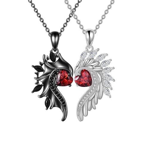 KONFEN 2 Pièces Collier Couple, Aile D'ange Collier Pendentif en Acier Inoxydable avec Zircon Cubique, Pendentif Gothique Punk en Forme de Cœur avec Chaîne...