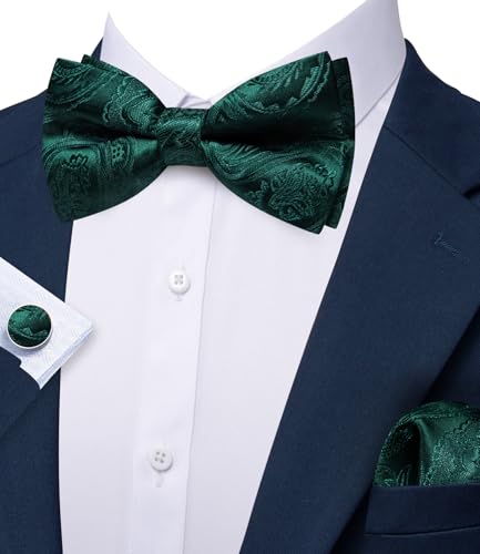 Image of Barry.Wang Paisley Striped Bow Tie for Men Silk Pre-Tied Bowtie Pocket Square Cufflinks Set Formal Wedding Party Prom