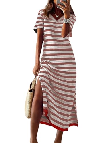 Image of Dokotoo Womens 2026 Short Sleeve Maxi Dress Striped Split T Shirt Dress | V Neck,Casual Trendy,Vacation Cruise Outfits,Resort Wear,Long Dresses,Summer Spring
