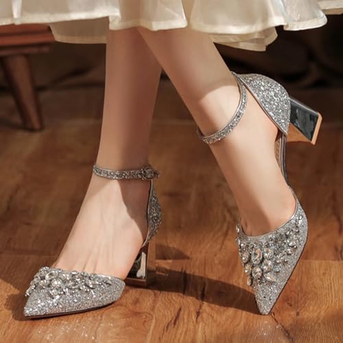 Women's Comfort Leather Rhinestones Chunky Heel Pumps,Fashion Sexy Closed Pointed Toe Slip-On Ankle Strap Block Heels,for Wedding Party Business Dressy Shoes 7