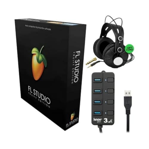 FL Studio 20 - Fruity Edition (Boxed) Bundle with Knox Gear Closed-Back Monitoring Headphones & Knox Gear 4-Port USB 3.0 Hub (3 Items)