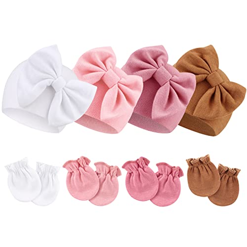 Image of Newborn Baby Hats and Mittens Set Infant Bow Beanie Cap Toddler Gloves Newborn Hospital Hats for Baby Boy Girl 0-6 Months
