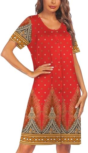 Ekouaer House Dresses for Women Button Down Nightgowns Short Sleeve Pleated Snap Front Mumu Dress S-2XL