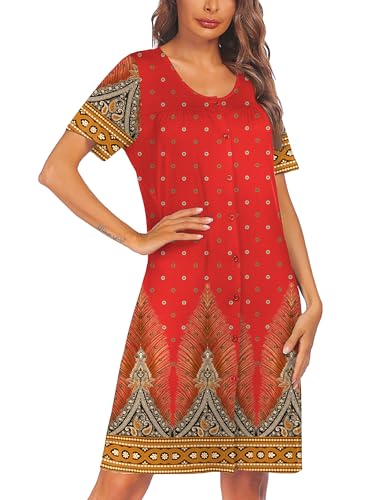 Ekouaer House Dresses for Women Button Down Nightgowns Short Sleeve Pleated Snap Front Mumu Dress S-2XL