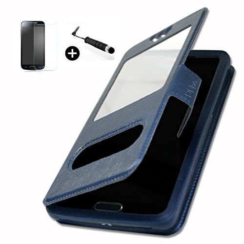 Wiko Iggy super PACK premuim Etui fenêtres Housse Coque Folio bleu PU + mini stylet screen touch + verre trempé Dureté 9H, Ultra-mince 0.20 mm Anti-rayures...