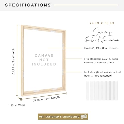 Image of MCS Canvas Float Frames 24x30 Frame, Natural Woodgrain for Finished Canvases, Vertical & Horizontal Wall Hanging Large with Adhesive for Canvas Paintings (1-Pack)