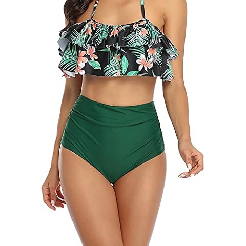 ZooChest Swimsuit for Mother&Daughter Ruffled Top with High Waisted Bottom Bikinis 2 Piece Bikini Set Sandy Beach Swimming Pool Swimwear Bathing Suits(Green 2-3Years) Cover