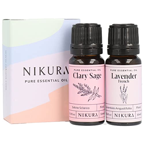 Nikura | Clary Sage & Lavender (French) Essential Oil Set | Sleep Oil Labour Essentials | for Diffusers for Home | Hair Massage Candle Making Soap | (2 x 10ml) | Vegan & UK Made