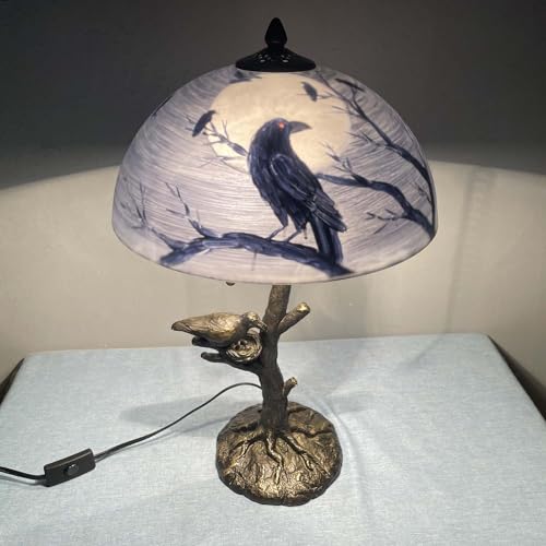 Bieye-L10945-Ravens-Sitting-on-Bare-Tree-Branch-Against-Full-Moon-Hand-Painted-Glass-Table-Lamp-with-Raven-Nest-Lamp-Base-for-Halloween-Home-Decor Bieye L10945 Ravens Sitting on Bare Tree Branch Against Full Moon Hand Painted Glass Table Lamp with Raven Nest Lamp Base for Halloween Home Decor