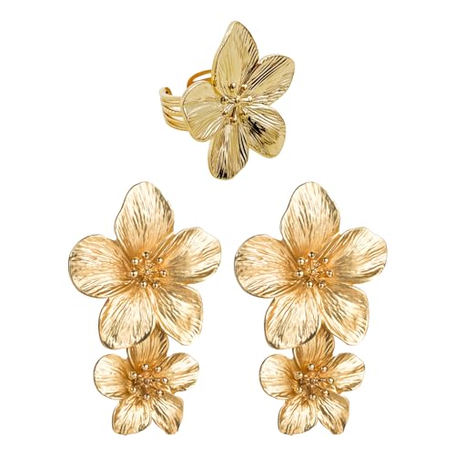 Aretes de declaración de oro grandes y anillo de flores de oro