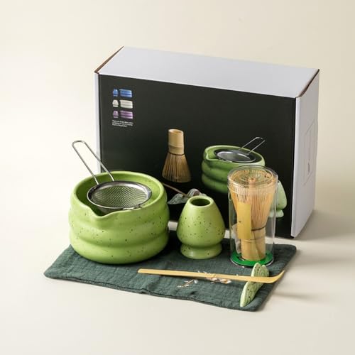 Jirrtco 茶道セット茶器日本製竹製抹茶刷茶筅日本製茶器抹茶茶碗抹茶杵陶器製茶筅架杵 (グリーン,7ピース)