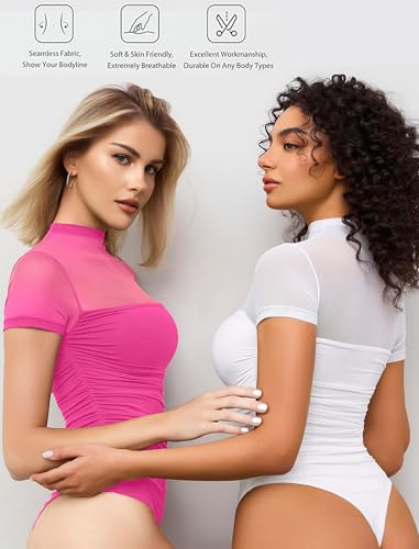 Image of Avidlove Women's Short Sleeve Bodysuit Turtle Neck Body Suits Mesh One Piece Leotard Going Out Tops Date Outfits
