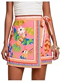 MakeMeChic Women's Summer Boho Wrap Mini Skirt Beach Vacation Short Skirts Pink Bird Print Small