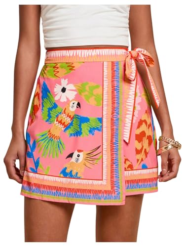MakeMeChic Womens Summer Boho Wrap Mini Skirt Beach Vacation Short Skirts Pink Bird Print Medium