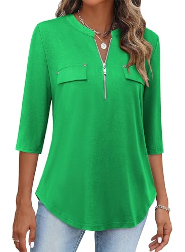 Image of Bulotus Womens 3 /4 Sleeve Tops Plus Size V Neck Zipper Business Casual Blouses for Office & Going Out Soft Knit Tunics, M-3XL