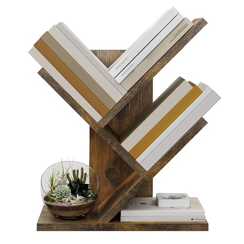 Tajsoon Tree Bookshelf 3-Tier Small Book Organizer, Rustic Brown