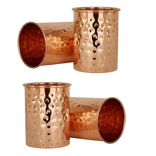 Image of 100% Pure Copper Hammered Tumbler 300ml | Ayurvedic Drinking Glass for Water | Traditional Handcrafted Copper Utensil - 4Pcs Set