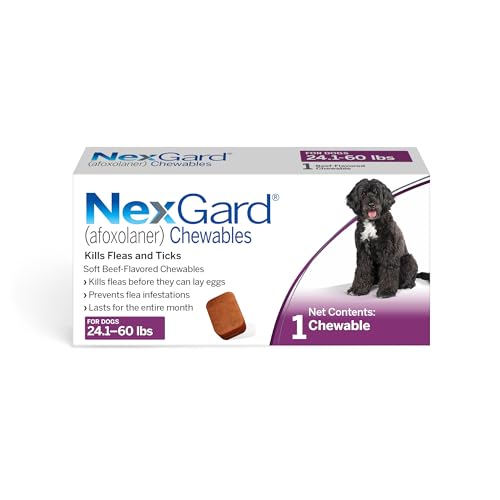 NexGard® (afoxolaner) Flea and Tick Protection for Dogs Oral Soft Beef Flavored Chewables, 24.1 to 60 lbs. (Purple Box) 1 Chew (1 Month Supply)