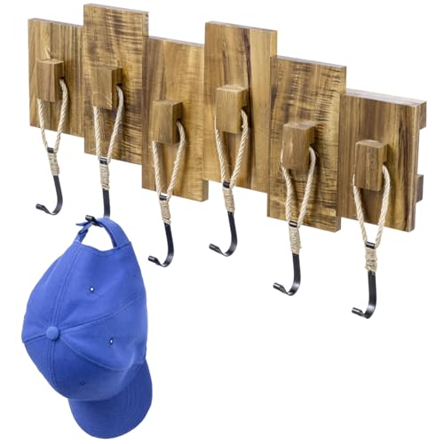 MyGift Wall Mounted Coat Rack, Premium Nautical-Style Wall-Mounted Acacia Wood Entryway Storage Rack with 6 Rope and Matte Black Metal Hooks
