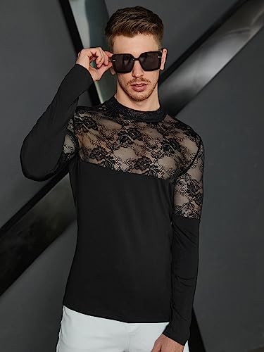 WDIRARA Men's See Through Floral Lace Mock Neck Long Sleeve Casual Tee Shirt Top3