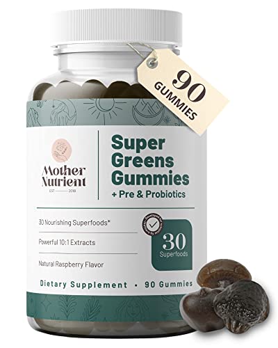 Super Greens Gummies with Prebiotics & Probiotics by Mother Nutrient — Not 8, but 30 Powerful Greens Superfoods — Womens Multivitamin Gummy, Veggie Vitamins for Adults — (90 Gummies)