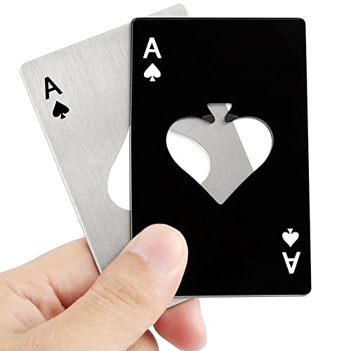 Abrebotellas de 2 unidades, abridor de botellas, tarjeta de acero inoxidable, abridor de botellas de poker, abridor de cerveza, especial para casa, fiesta, bar (negro y plateado) Cover