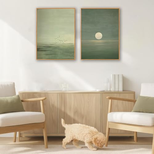 2Pcs Japanese Sage Green Wall Art Minimalist Moon and Bird 12X16in Unframed - image 4
