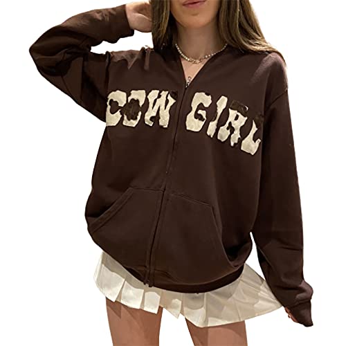 Women s Casual Y2k Hoodies Long Sleeve Cow Girl Letter Zip Up Hooded Sweatshirts with Pockets (Brown , X-Large )