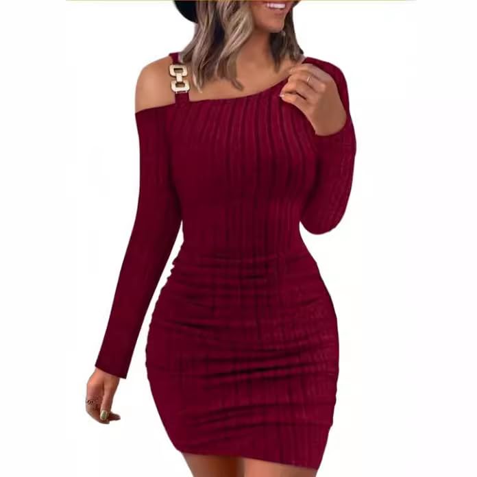 Vangreynve Damen Strickkleid Elegant Winterkleid Langarm Jumper Kleid Pulloverkleid Midikleid für Freizeit Cocktail Weinrot M
