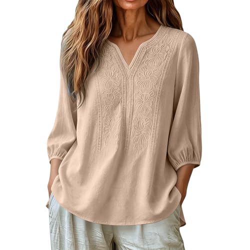 Boho Tops for Women Dressy 3/4 Sleeve Shirts Casual Loose V-Neck Low Hem Linen Embroidered Blouse Boho Blouses for Women Khaki S - image 6