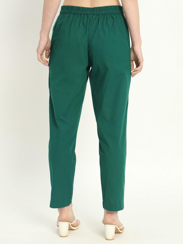 Image of Women's Solid Straight Fit 100% Cotton Trousers | High Waist, Side Pockets, Ankle Length Pants for Office, Casual