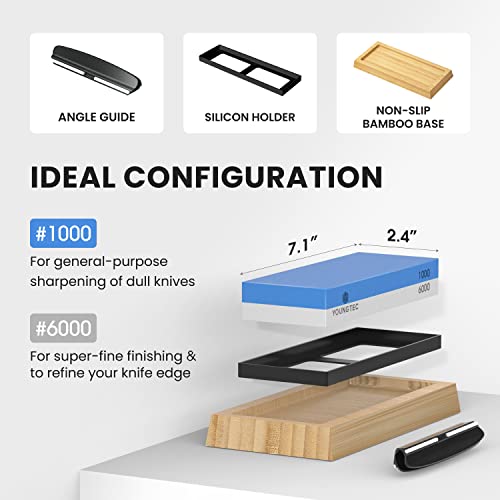 Premium Whetstone Knife Sharpener Stone Dual Sided 1000/6000 Grit, Professional Knife Sharpening Stone, Nonslip Bamboo Base & Angle Guide #TOP1