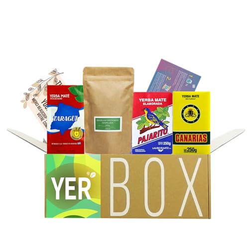 Yerbox Ensemble de Thé Yerba Mate : Taragui Traditionnel 250g + Pajarito Traditionnel 250g + Canarias Traditionnel 250g + Green Mate Despalada 200g