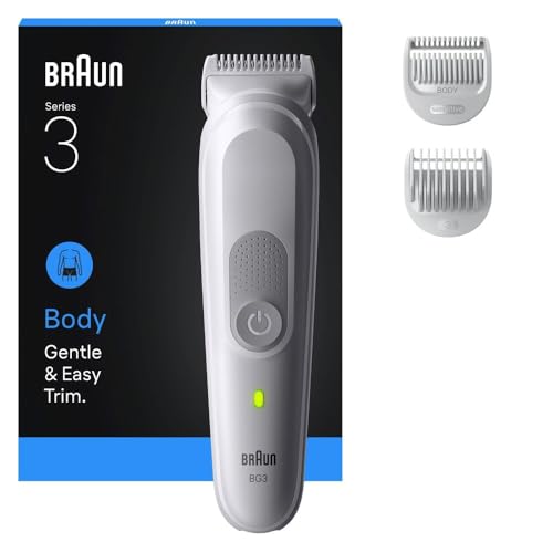 Braun Bodygroomer Series 3, Elektrischer Körperrasierer Herren mit 3 Zubehörteile, Kabelloser Trimmer für Intimbereich und Körper, 80 Min Akku, Wasserdichter Körperhaartrimmer, BG3530, Grau