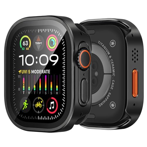 Bisikor 3 in 1 Metal Cases Compatible with Apple Watch Ultra 3/2/1 49mm Case Built-in Screen Protector, Straight Edge Rugged Protective Metal Cover with Back Cover for iWatch 49mm, Black