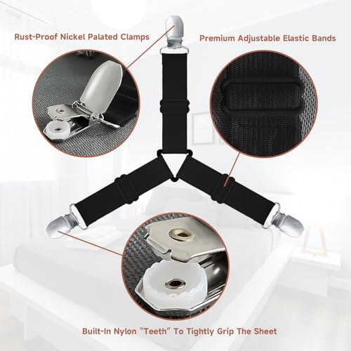 Image of Bed Sheet Straps, Upgrade Fitted Bed Sheet Holders for Corners, Non Slip Sheet Clips Black 8Pcs