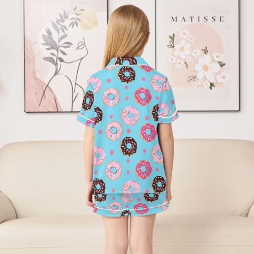 Cute Pink Cartoon Donuts Summer Satin Pajama Set, Cute Button-Down Sleepwear Pj Set for Sleep Wears4