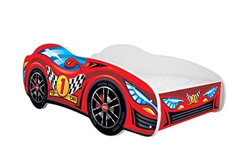 Topbeds Lit de voiture, lit pour enfant avec protection anti-chute, lit d'adolescent avec matelas, lit à lattes pour garçons et filles, voiture de course (Top Car, 140 x 70 cm)