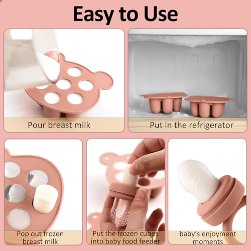 JEXFUN Baby Breastmilk Popsicle Molds & Baby Fruit Food Feeder Pacifier Combo, BPA Free Silicone Nibble Freezer Tray Storage Containers Teething Toys for Safe Infant Self Feeding, 4 Month+(Orange) - Thumbnail 3