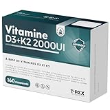 Vitamine D3 2000 UI + Vitamine K2 160 comprimés à Haute Dose pour les Articulations, les Os, les Dents, les Muscles, le Système Immunitaire et l'Absorption du Calcium et du Phosphore