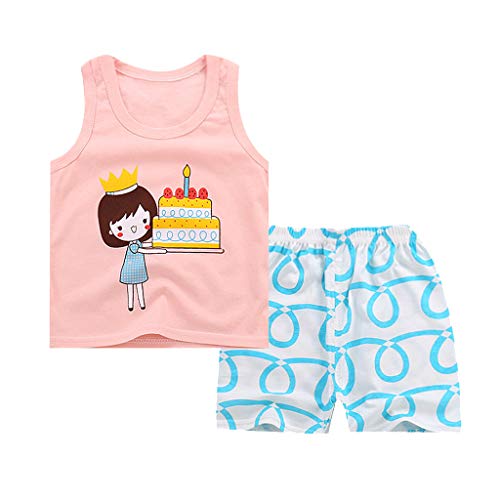 2PCS Baby Outfits, Infant Toddler Girls Summer Clothes Sets Sleeveless Cartoon Rabbit Print Tank Tops Striped Shorts Light Blue