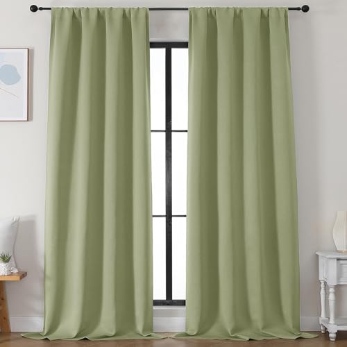 Simplebrand Ava Sage Green Blackout Curtains for Bedroom 96 Inches Long 2 Panels, Solid Thermal Insulated, Energy Saving Living Room Window Treatment Curtains Blackout Drapes, W50 x L96 Inch, Sage