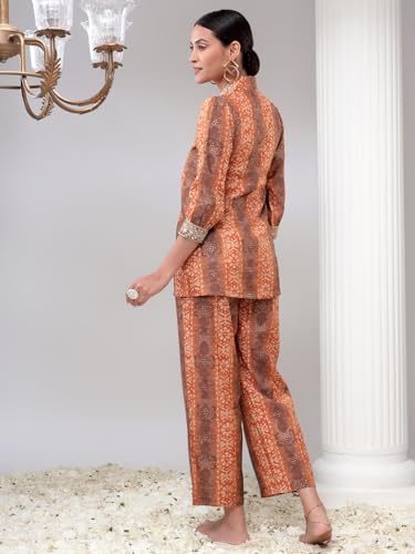 Image of Bani Women Printed Co-ord Set, Shirt and Trouser Set 2 Piece Outfit, 3 /4 Sleeves V Neck Collor with Mirror Work, Coord Sets for Womens,Western Dress, Stylish Design for All Occasions